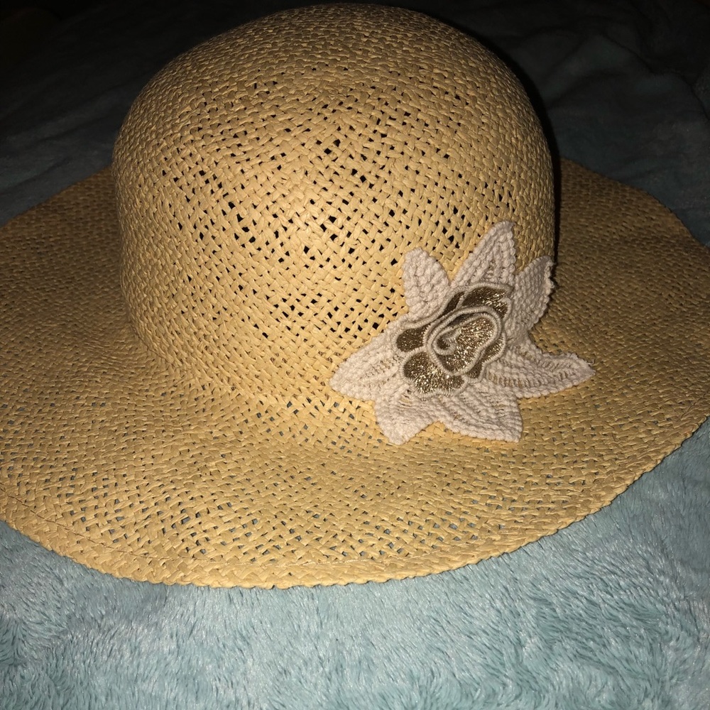 Straw Hat with Crochet Flower Detail